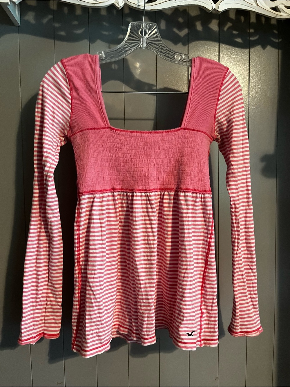 Y2K Hollister Square Neck Pink & White Striped Babydoll Long sleeve top Vintage